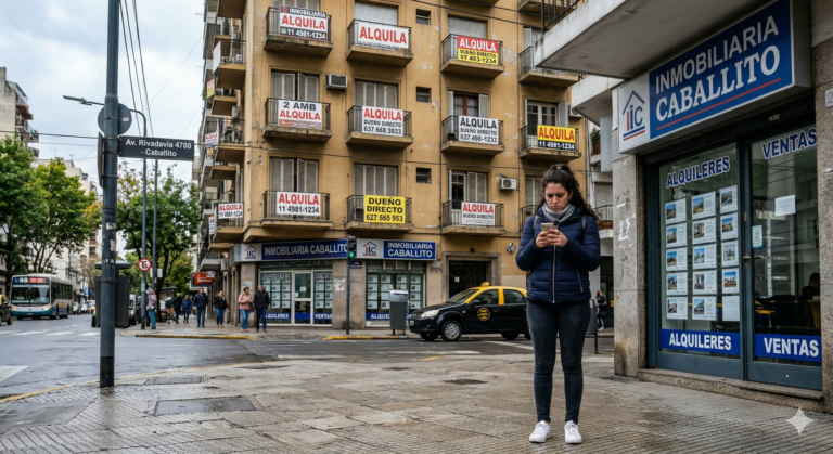 Texto alternativo: Una mujer joven con expresión de preocupación mira su teléfono celular frente a una inmobiliaria en el barrio de Caballito. De fondo, la fachada de un edificio de departamentos exhibe múltiples carteles de "Alquila" y "Dueño Directo" en sus balcones.