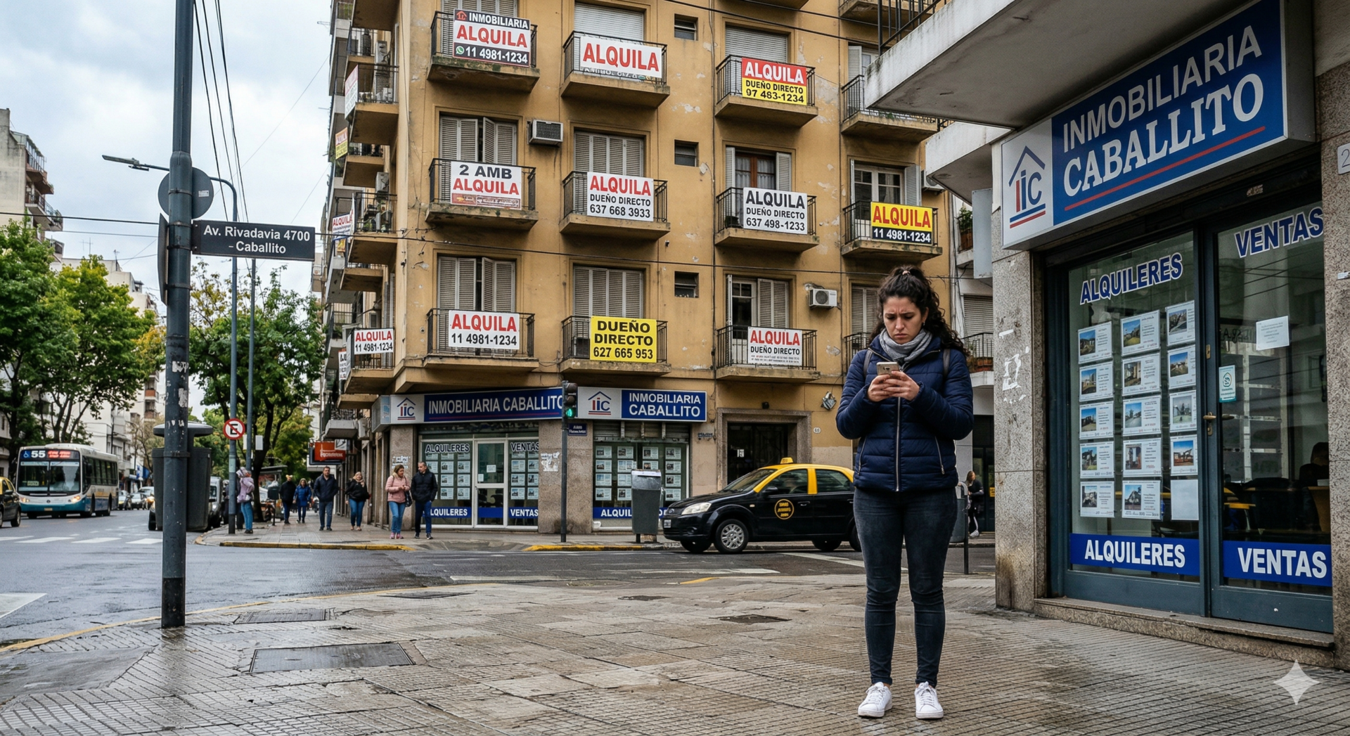 Texto alternativo: Una mujer joven con expresión de preocupación mira su teléfono celular frente a una inmobiliaria en el barrio de Caballito. De fondo, la fachada de un edificio de departamentos exhibe múltiples carteles de "Alquila" y "Dueño Directo" en sus balcones.