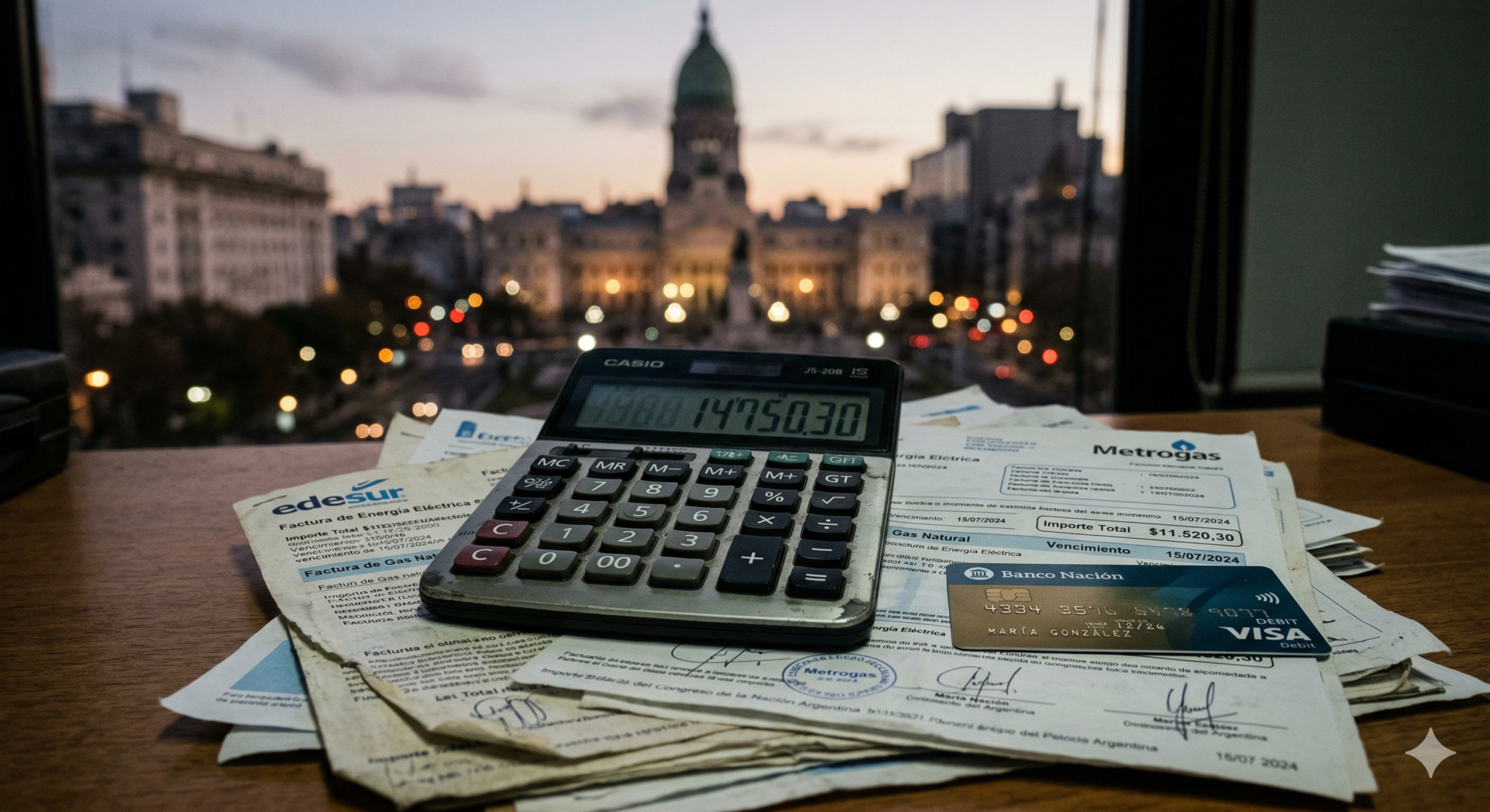 Primer plano de una calculadora sobre facturas de Edesur y Metrogas con una tarjeta de crédito; al fondo, el Palacio del Congreso de la Nación desenfocado.