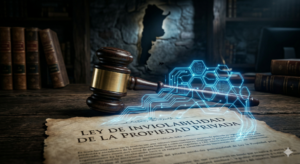 Primer plano de un mazo de madera sobre un pergamino que dice "Ley de Inviolabilidad de la Propiedad Privada" con circuitos de luz azul tipo blockchain y el mapa de Argentina al fondo.