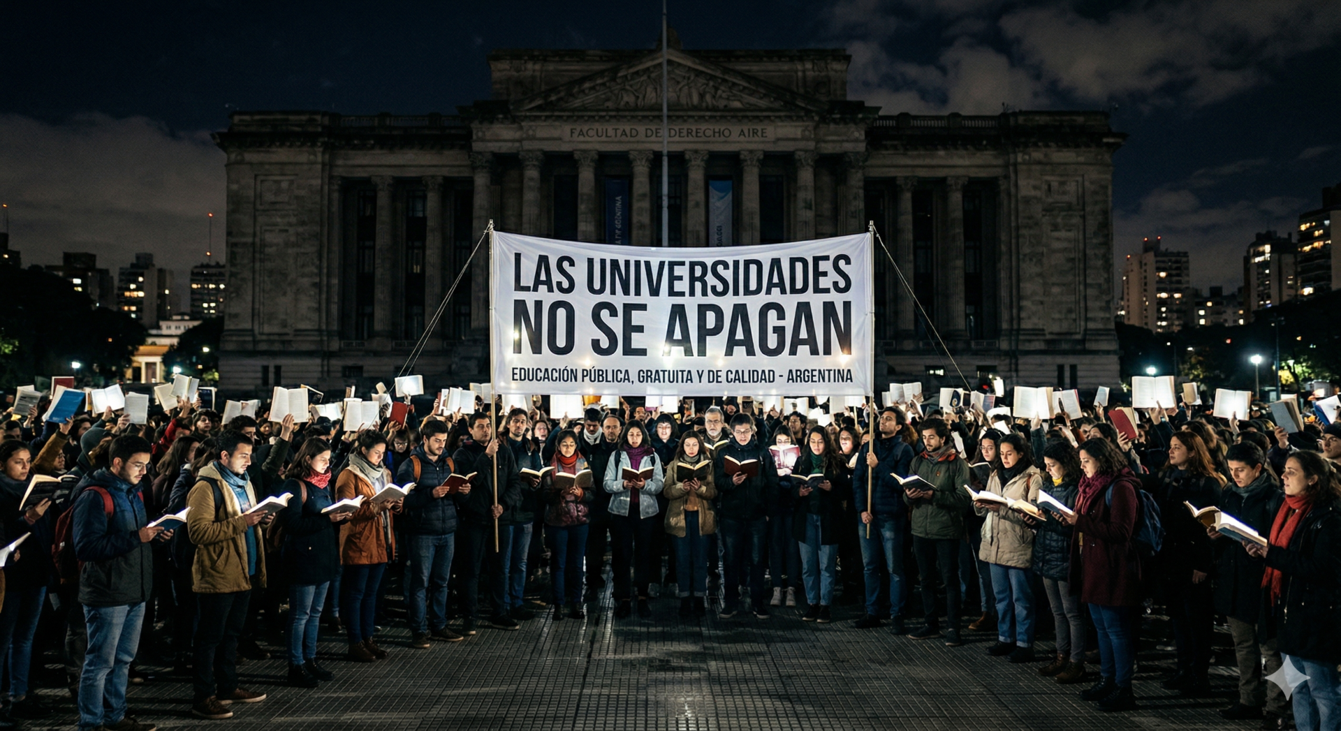 Fotografía cinematográfica nocturna de una multitud frente a una universidad pública argentina. Cientos de estudiantes y docentes sostienen libros abiertos que emiten una intensa luz blanca, iluminando una plaza oscura. En el centro destaca una pancarta con el texto "LAS UNIVERSIDADES NO SE APAGAN"