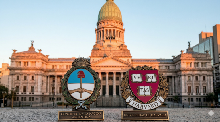 Fotografía de la fachada del Congreso de la Nación Argentina durante el atardecer, con el Escudo Nacional Argentino y el logo de la Universidad de Harvard en primer plano sobre pedestales metálicos.