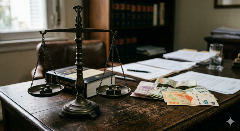 Una balanza de la justicia de bronce se encuentra en el centro de un escritorio de madera oscura. El platillo derecho de la balanza tiene dos pesas cilíndricas de metal, mientras que el platillo izquierdo tiene una pila de billetes de pesos argentinos. Un libro con el título "LEY DE CONTRATO DE TRABAJO" se encuentra detrás de la balanza. Al fondo hay una estantería llena de libros y una ventana.