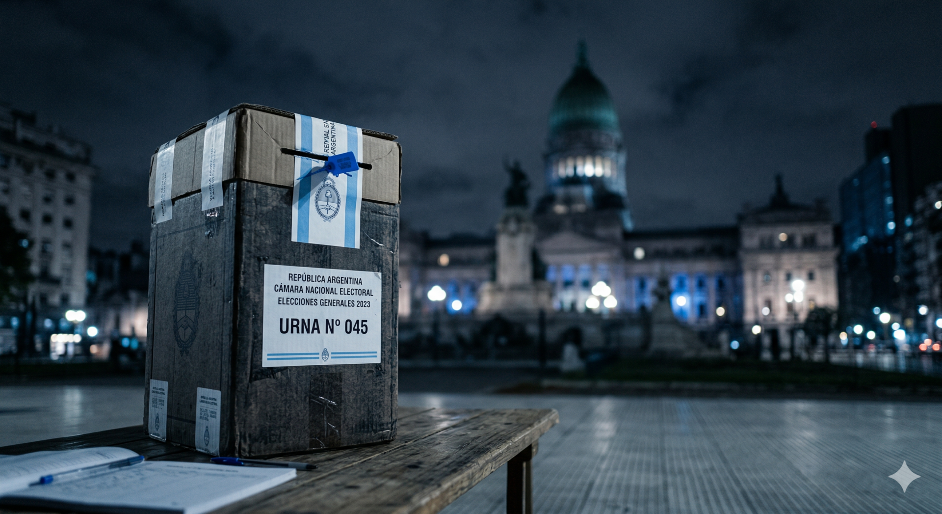 Texto alternativo: Una urna electoral oficial de la República Argentina en primer plano sobre una mesa de madera, con la cúpula del Congreso de la Nación iluminada y desenfocada al fondo. Estilo periodístico con tonos azules y grises.