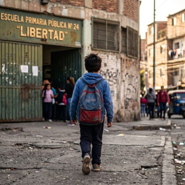 Niño frente a institución pública en contexto de crisis social NCN.
