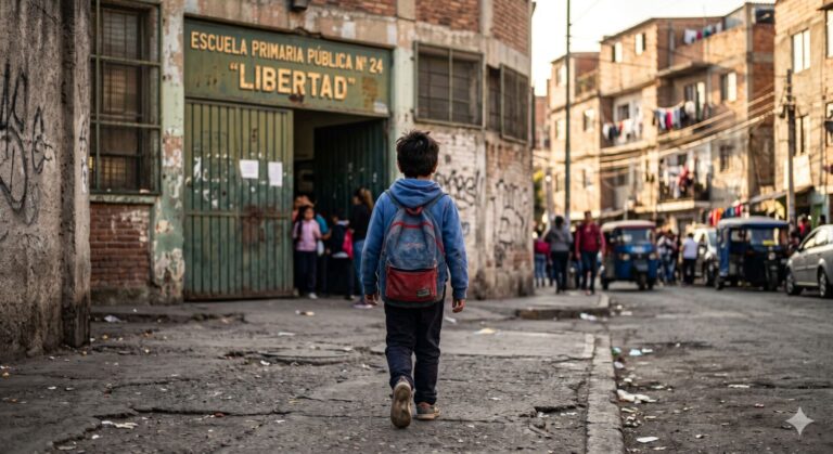 Niño frente a institución pública en contexto de crisis social NCN.