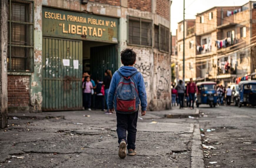 Niño frente a institución pública en contexto de crisis social NCN.