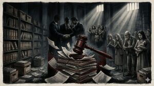 Una ilustración editorial de estilo grabado a tinta oscuro y dramático que representa el funcionamiento interno de un tribunal. Un mazo de juez gigante golpea una montaña de archivos de "Casos Cerrados" y "Evidencias", mientras que en las sombras, figuras de poder de traje se estrechan la mano y un grupo de víctimas y familias desesperadas espera bajo un tragaluz con barrotes.