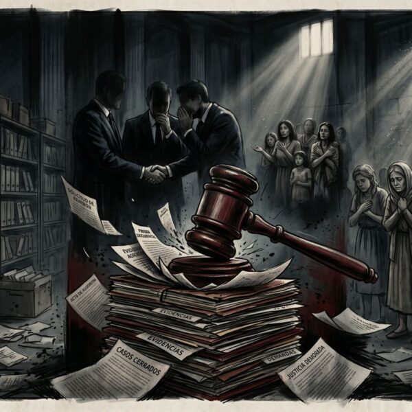 Una ilustración editorial de estilo grabado a tinta oscuro y dramático que representa el funcionamiento interno de un tribunal. Un mazo de juez gigante golpea una montaña de archivos de "Casos Cerrados" y "Evidencias", mientras que en las sombras, figuras de poder de traje se estrechan la mano y un grupo de víctimas y familias desesperadas espera bajo un tragaluz con barrotes.