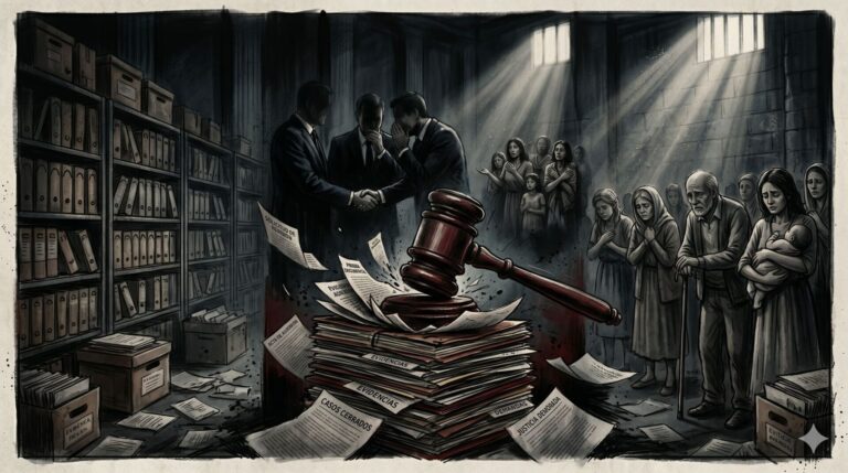 Una ilustración editorial de estilo grabado a tinta oscuro y dramático que representa el funcionamiento interno de un tribunal. Un mazo de juez gigante golpea una montaña de archivos de "Casos Cerrados" y "Evidencias", mientras que en las sombras, figuras de poder de traje se estrechan la mano y un grupo de víctimas y familias desesperadas espera bajo un tragaluz con barrotes.