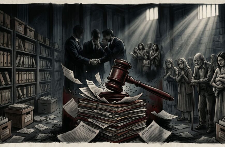 Una ilustración editorial de estilo grabado a tinta oscuro y dramático que representa el funcionamiento interno de un tribunal. Un mazo de juez gigante golpea una montaña de archivos de "Casos Cerrados" y "Evidencias", mientras que en las sombras, figuras de poder de traje se estrechan la mano y un grupo de víctimas y familias desesperadas espera bajo un tragaluz con barrotes.