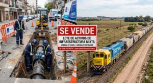 Composición fotográfica de operarios de AySA trabajando en la red de agua y una formación del ferrocarril Belgrano Cargas, con el logo del Boletín Oficial de la República Argentina, representando la privatización de las empresas del Estado