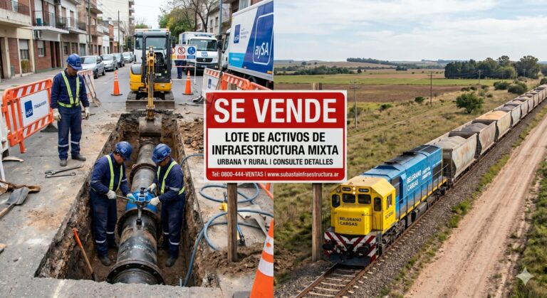 Composición fotográfica de operarios de AySA trabajando en la red de agua y una formación del ferrocarril Belgrano Cargas, con el logo del Boletín Oficial de la República Argentina, representando la privatización de las empresas del Estado