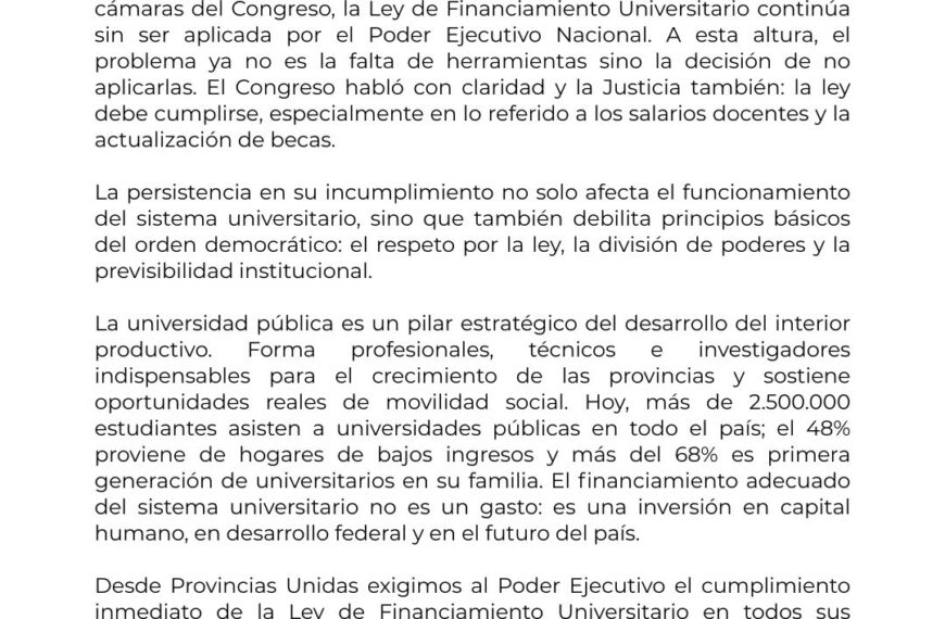 Provincias Unidas exige aplicar la Ley de Financiamiento Universitario