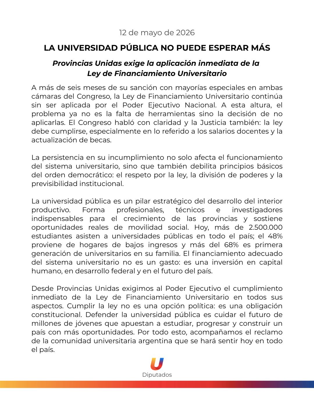 Provincias Unidas exige aplicar la Ley de Financiamiento Universitario